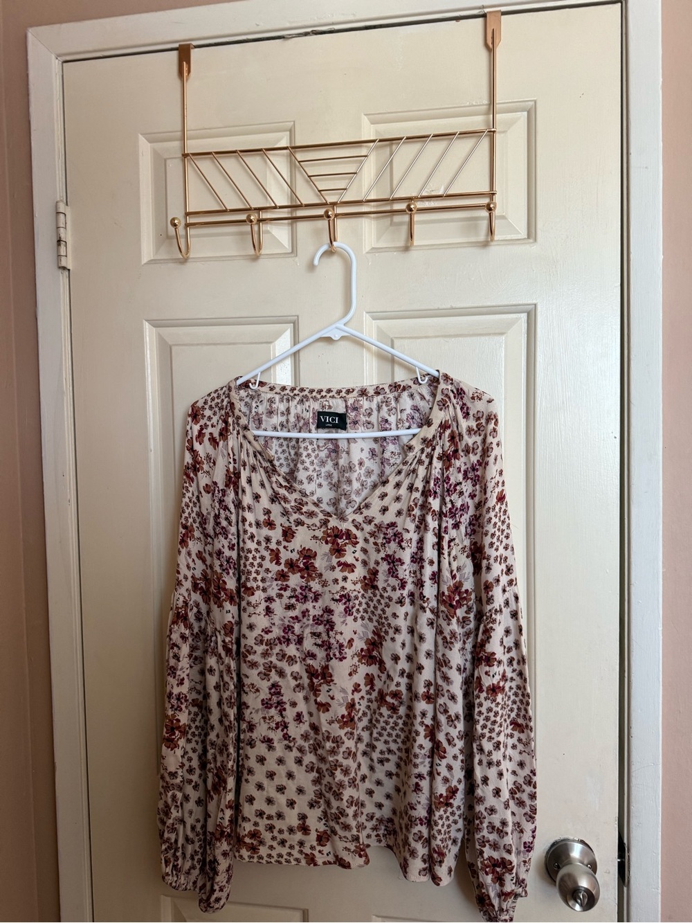 VICI Cream Floral Drawstring Long Sleeve Tunic with Burgundy Accents